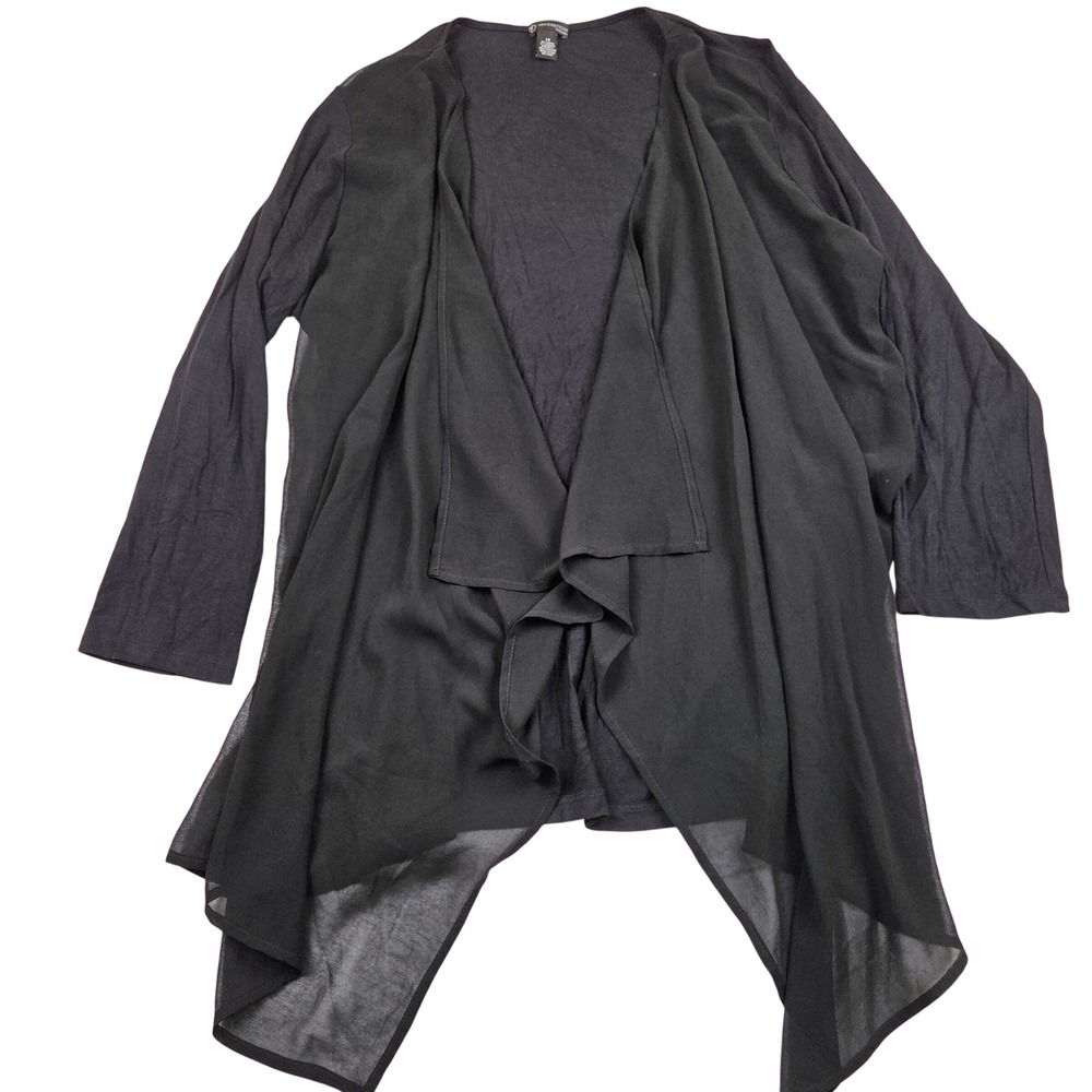 New Directions Cardigan 1X Black Open Front Mixed Media Sheer Front Jersey Knit